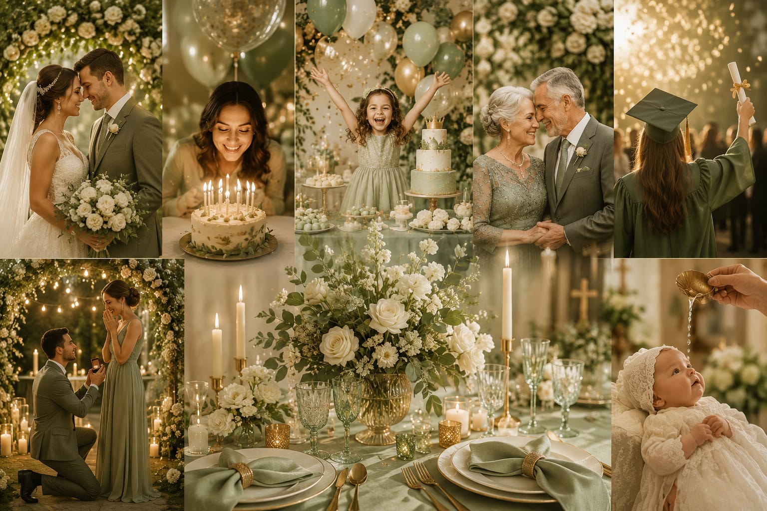 Mesa de evento elegante com decoração em verde sálvia e dourado
