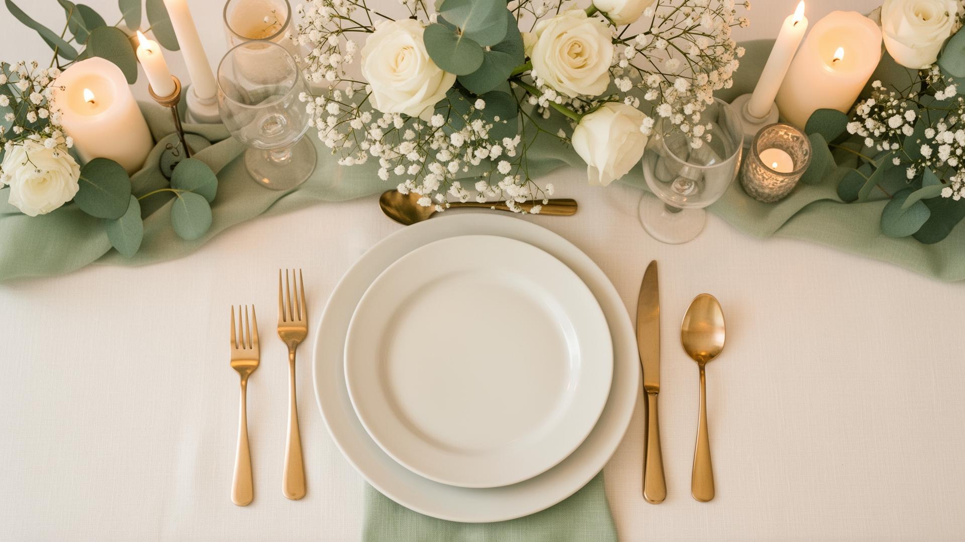 Mesa de evento elegante com decoração em verde sálvia e dourado